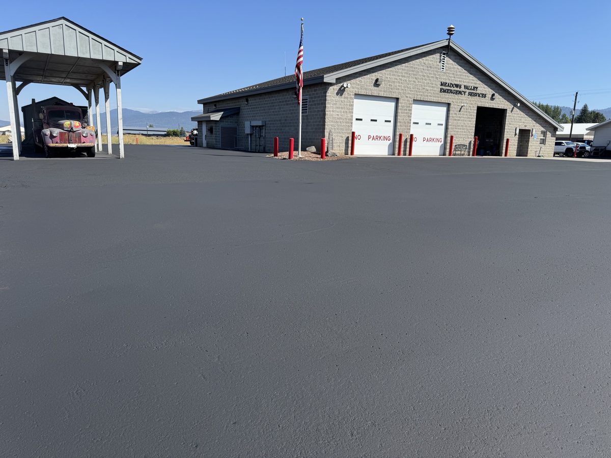 Commercial parking lot, freshly sealcoated