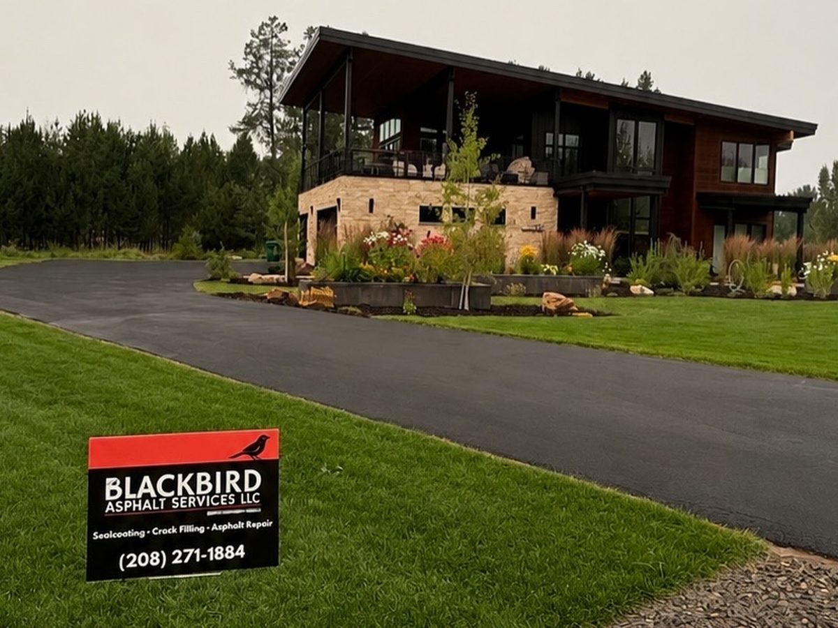 Finished asphalt driveway sealcoated by Blackbird Asphalt Services, with the company yard sign at the edge